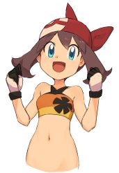 Rule 34 | 1girl, :d, alternate costume, bandana, bare shoulders, bikini, blue eyes, brown hair, clenched hands, creatures (company), eyebrows, eyelashes, floral print, game freak, gloves, groin, hair between eyes, hands up, highres, long hair, may (pokemon), multicolored bikini, multicolored clothes, multicolored gloves, nintendo, nyonn24, open mouth, poke ball theme, pokemon, pokemon rse, pokemon xy, simple background, smile, solo, swimsuit, tankini, white background