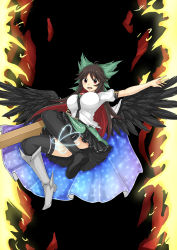 Rule 34 | 1girl, absurdres, abyss arts, ahoge, arm cannon, armored boots, asymmetrical footwear, bird wings, black footwear, black thighhighs, black wings, boots, bow, breasts, brown hair, cape, colored inner hair, commentary request, control rod, convenient leg, fire, frilled skirt, frills, full body, green bow, green skirt, hair bow, highres, large breasts, long hair, looking at viewer, mismatched footwear, multicolored hair, open mouth, ponytail, puffy short sleeves, puffy sleeves, red eyes, red hair, reiuji utsuho, shirt, shoes, short sleeves, single shoe, skirt, solo, starry sky print, thighhighs, third eye, touhou, two-tone hair, weapon, white cape, white shirt, wings