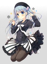 Rule 34 | 1girl, beret, blue eyes, blue hair, blush, bow, bowtie, buttons, clothes lift, eyebrows, frilled skirt, frilled sleeves, frills, hair ornament, hat, holding, holding own hair, jacket, jumping, long hair, looking at viewer, matching hair/eyes, neckerchief, original, panties, panties under pantyhose, pantyhose, pantyshot, shoes, skirt, skirt lift, smile, solo, striped clothes, striped skirt, suimya, twintails, underwear