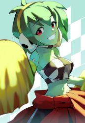 Rule 34 | 1girl, bare shoulders, breasts, checkered clothes, colored skin, crop top, green hair, green skin, hairband, headset, highres, jaibus, looking at viewer, medium breasts, navel, pom pom (cheerleading), red eyes, rottytops, shantae (series), short hair, solo, teeth, yellow hairband