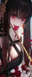 Rule 34 | 1girl, absurdres, black dress, black hair, breasts, cleavage, closed mouth, dagger, dollbvy, dress, earrings, eyeshadow, flower, gold hairband, hairband, highres, holding, holding dagger, holding knife, holding weapon, jewelry, knife, large breasts, licking, licking blade, licking weapon, makeup, petals, red eyes, red eyeshadow, red flower, red rose, rose, short hair with long locks, sidelocks, solo, spy x family, stiletto (weapon), tongue, tongue out, weapon, yor briar