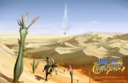 Rule 34 | 1boy, bird, brown hair, cactus, chocobo, desert, final fantasy, final fantasy crystal chronicles, official art, outdoors, riding, sand dunes, scenery, shirt, striped clothes, striped shirt, watermark