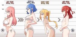 Rule 34 | 4girls, ahoge, amogan, arm under breasts, armpit crease, bare arms, bare shoulders, bikini, blonde hair, blue eyes, blue hair, blush, bocchi the rock!, bra, breasts, bust chart, character name, closed mouth, commentary request, expressionless, flat chest, from side, gotoh hitori, green eyes, halterneck, hand up, height, height chart, highres, ijichi nijika, kita ikuyo, korean text, large breasts, leaf, leaning forward, long hair, looking ahead, medium breasts, mouth hold, multiple girls, navel, one side up, panties, pink hair, ponytail, profile, red eyes, red hair, short hair, side-tie bikini bottom, sidelocks, sideways mouth, standing, stomach, sweatdrop, swimsuit, translated, underwear, underwear only, weight, white bikini, white bra, white panties, yamada ryo, yellow eyes