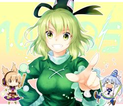 Rule 34 | &gt; &lt;, 3girls, brown eyes, chibi, commentary request, dated, dress, earmuffs, electricity, green dress, green eyes, green hair, hat, japanese clothes, kariginu, light brown hair, long sleeves, looking at viewer, makuwauri, mononobe no futo, multiple girls, open mouth, outline, pointing, pointing at viewer, pointy hair, ponytail, ritual baton, silver hair, skirt, soga no tojiko, tate eboshi, touhou, toyosatomimi no miko, white outline