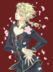 Rule 34 | 1boy, bishounen, blonde hair, blue eyes, braid, bug, cleavage cutout, clothing cutout, flower, giorno giovanna, insect, jojo no kimyou na bouken, kujou kiyo, ladybug, male focus, pectoral cleavage, pectorals, pink flower, pink rose, plant, red background, rose, simple background, solo, vento aureo