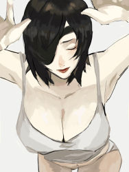 Rule 34 | 1girl, absurdres, armpits, arms up, black hair, breast focus, breasts, chainsaw man, cleavage, closed eyes, collarbone, commentary, eyelashes, eyepatch, facing viewer, grey background, highres, himeno (chainsaw man), kamukamu810, large breasts, lips, one eye covered, open mouth, panties, parted bangs, short hair, simple background, solo, tank top, underwear, white panties, white tank top