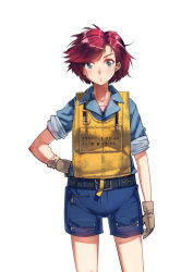 Rule 34 | 1girl, :t, belt, collarbone, gloves, green eyes, hand on own hip, life vest, looking at viewer, military, military uniform, naval uniform, pilot, red hair, short hair, shorts, simple background, siqi (miharuu), sleeves rolled up, solo, uniform, white background, world war ii
