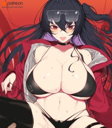 Rule 34 | 1girl, absurdres, azur lane, bare shoulders, bikini, black bikini, black choker, black hair, black thighhighs, blush, breasts, choker, cleavage, collarbone, eyewear on head, highres, huge breasts, implied sex, jacket, long hair, long sleeves, multi-strapped bikini bottom, navel, official alternate costume, one side up, open mouth, out-of-frame censoring, red eyes, red jacket, solo focus, spread legs, sunglasses, sweat, swimsuit, taihou (azur lane), taihou (enraptured companion) (azur lane), thighhighs, thighs, yanje