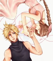 Rule 34 | 1boy, 1girl, aerith gainsborough, bare arms, blonde hair, blue eyes, braid, brown hair, choker, closed eyes, cloud strife, dress, final fantasy, final fantasy vii, final fantasy vii remake, flower, hair ribbon, highres, holding hands, long dress, parted bangs, parted lips, pink dress, pink flower, pink ribbon, pink string, red string of fate, ribbon, sidelocks, sleeveless, sleeveless turtleneck, smile, spiked hair, square enix, turtleneck, upper body, wavy hair, white background, yco 030601