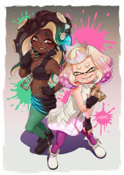 Rule 34 | + +, 2girls, armpits, artist name, asymmetrical hair, bare arms, bare shoulders, black footwear, black gloves, black vest, blonde hair, breasts, brown hair, cephalopod eyes, cleavage, collarbone, collared vest, colored skin, crop top, cropped vest, crown, dark-skinned female, dark skin, dress, fang, fingerless gloves, fingernails, full-length zipper, full body, gloves, glowing, green eyes, green hair, green pantyhose, green skin, grin, hand on own hip, hand on own thigh, hand up, headphones, high collar, highres, idfer, long hair, looking at viewer, m/, marina (splatoon), medium breasts, medium hair, midriff, mole, mole under mouth, multicolored skin, multiple girls, navel, navel piercing, nintendo, octoling, open mouth, paint, paint splatter, pantyhose, pantyhose under shorts, pearl (splatoon), piercing, pink hair, pink pantyhose, red pupils, shoes, short dress, shorts, signature, sleeveless, sleeveless dress, smile, splatoon (series), splatoon 2, standing, stomach, suction cups, tentacle hair, unzipped, vest, white dress, white footwear, yellow eyes, yellow pupils, zipper, zipper pull tab