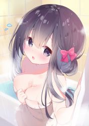 Rule 34 | 1girl, ame usari, bare arms, bare shoulders, bath, bathtub, black hair, blurry, blurry background, blush, bow, breasts, cleavage, collarbone, commentary request, depth of field, flying sweatdrops, hair between eyes, hair bow, highres, long hair, looking at viewer, medium breasts, naked towel, open mouth, original, purple eyes, red bow, solo, tile wall, tiles, towel, water