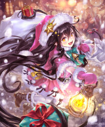 Rule 34 | 1girl, black footwear, black hair, blurry, bokeh, capelet, christmas, commentary request, depth of field, dress, fur-trimmed capelet, fur-trimmed dress, fur-trimmed footwear, fur trim, gift, hair ornament, hat, hat ornament, hisakata souji, holding, holding lantern, holding sack, lantern, long hair, looking at viewer, mittens, night, official alternate costume, open mouth, orange eyes, outdoors, over shoulder, pantyhose, red capelet, red dress, red hat, red mittens, sack, santa dress, santa hat, shingeki no bahamut, short dress, smile, snowing, solo, standing, star (symbol), star hair ornament, star hat ornament, very long hair, watermark, white pantyhose