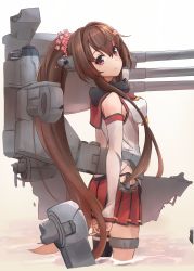 Rule 34 | 1girl, breasts, brown hair, cherry blossoms, cowboy shot, detached sleeves, flower, hair flower, hair ornament, highres, hip vent, kantai collection, large breasts, long hair, looking at viewer, machinery, minosu, pleated skirt, ponytail, red eyes, red sailor collar, red skirt, rigging, sailor collar, sidelocks, skirt, smile, solo, yamato (kancolle)