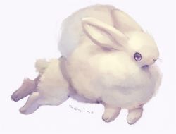 Rule 34 | animal, animal focus, artist name, bad id, bad pixiv id, rabbit, commentary request, fluffy, from side, grey background, manino (mofuritaionaka), no humans, original, purple eyes, signature, simple background, solo