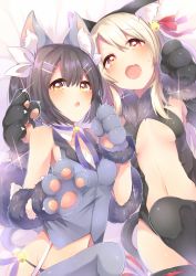 Rule 34 | 2girls, animal ears, animal hands, bad id, bad pixiv id, bare shoulders, black hair, blush, breasts, cat ears, cat tail, center opening, dangeroes beast (illya), dangeroes beast (miyu), fate/kaleid liner prisma illya, fate (series), garter straps, hair ornament, hairclip, highres, illyasviel von einzbern, kaenuco, leotard, long hair, looking at viewer, miyu edelfelt, multiple girls, navel, official alternate costume, open mouth, red eyes, ribbon, sleeveless, small breasts, smile, sweat, tail, thighhighs, vest, white hair, yellow eyes