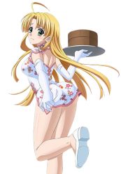 Rule 34 | 10s, 1girl, ahoge, asia argento, ass, blonde hair, blush, dress, elbow gloves, floating hair, gloves, green eyes, high school dxd, long hair, looking at viewer, looking back, one eye closed, short dress, solo, standing, transparent background, very long hair, white dress, white gloves