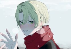 Rule 34 | 1boy, absurdres, alfred (fire emblem), blonde hair, blush, fire emblem, fire emblem engage, green eyes, hair between eyes, highres, looking at viewer, male focus, nintendo, red scarf, rotsugame, scarf, short hair, smile, solo, waving, white background