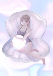 Rule 34 | 1girl, barefoot, blush, breasts, brown hair, butterfly hair ornament, clam shell, cleavage, full body, grey eyes, hair ornament, highres, holding orb, hugupero, looking at viewer, medium breasts, orb, original, simple background, solo, swimsuit