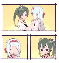 Rule 34 | 10s, 2girls, :d, ^ ^, bad id, bad twitter id, closed eyes, comic, commentary request, gradient background, grey hair, hair ribbon, hairband, japanese clothes, kantai collection, long hair, megahomu, muhogame, multiple girls, muneate, open mouth, ribbon, short hair, short sleeves, shoukaku (kancolle), silent comic, smile, twintails, white hair, white ribbon, zuikaku (kancolle)