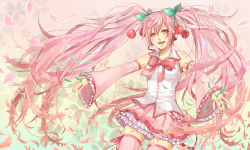 Rule 34 | 1girl, bad id, bad pixiv id, cherry, detached sleeves, female focus, food, fruit, gradient background, hatsune miku, headphones, headset, lma, long hair, necktie, outstretched arms, sakura miku, skirt, solo, thighhighs, twintails, very long hair, vocaloid