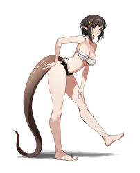 Rule 34 | 1girl, :p, arknights, barefoot, blue eyes, breasts, brown hair, camisole, commentary, eunectes (arknights), full body, hair ornament, highres, jason kim, looking at viewer, medium breasts, navel, pointy ears, short hair, simple background, solo, tail, tongue, tongue out, white background