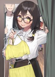 Rule 34 | 1boy, 1girl, 3girls, 92m, absurdres, bikini, black-framed eyewear, buttons, commentary request, dateko (92m), faceless, faceless male, fitting room, glasses, highres, holding, holding clothes, holding swimsuit, kakita (92m), kinshi no ane (92m), long sleeves, looking at viewer, multiple girls, opaque glasses, open mouth, original, shirt, swimsuit, thumbs up, unworn bikini, unworn swimsuit, white shirt, yellow bikini, yellow eyes