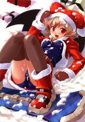 Rule 34 | 1girl, absurdres, bat wings, bell, blonde hair, blush, boots, christmas, fang, gift, highres, jingle bell, kuuchuu yousai, lying, mittens, on back, pointy ears, red eyes, santa costume, school swimsuit, snow, snowboard, solo, swimsuit, swimsuit under clothes, thighhighs, wings