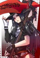 Rule 34 | 1other, adjusting clothes, adjusting headwear, androgynous, ascot, asymmetrical gloves, asymmetrical sleeves, black gloves, black hair, black headwear, collar, fingerless gloves, gloves, guilty gear, guilty gear strive, hat, highres, holding, holding scythe, k irvine3, long hair, long sleeves, looking at viewer, other focus, parted lips, red eyes, scythe, studded collar, testament (guilty gear), top hat, white ascot, white gloves