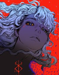 Rule 34 | 1boy, berserk, blood, bloody tears, blue eyes, brand of sacrifice, corrupted twitter file, curly hair, eyelashes, facing viewer, griffith (berserk), highres, long hair, male focus, nisino2222, open mouth, parted lips, red background, simple background, solo, wavy hair, white hair