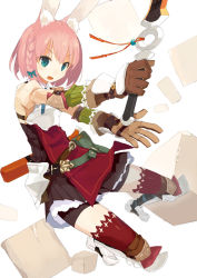 Rule 34 | 1girl, animal ears, arm guards, armor, armored boots, belt, bike shorts, bike shorts under skirt, blue eyes, boots, bow, braid, dress, elbow pads, gloves, hair bow, harapeko (886011), holding, holding sword, holding weapon, knee boots, open mouth, original, pink hair, pleated skirt, pouch, puffy sleeves, rabbit ears, red thighhighs, rock, sheath, short hair, shorts, shorts under skirt, shoulder pads, single braid, skirt, solo, sword, thighhighs, unsheathed, weapon, zettai ryouiki