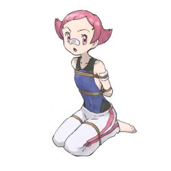 Rule 34 | 1girl, absurdres, arms behind back, bandaid, bandaid on arm, bandaid on face, bandaid on nose, barefoot, bodysuit, chimu xingcheng, collarbone, commentary request, covered navel, creatures (company), eyelashes, flat chest, full body, game freak, grey pants, gym leader, highres, kneeling, leotard, leotard under clothes, looking at viewer, maylene (pokemon), nintendo, official style, open mouth, pants, pink eyes, pink hair, pokemon, pokemon dppt, shibari, shibari over clothes, short hair, solo, toes, tongue