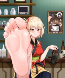 Rule 34 | 1girl, absurdres, barefoot, blonde hair, blush, coffee, coffee cup, cup, disposable cup, feet, grin, highres, holding, holding shoes, japanese clothes, looking at viewer, lycoris recoil, medium hair, nishikigi chisato, sandals, shoes, single shoe, smile, sock tea, soles, toes, unworn socks