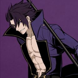 Rule 34 | 1boy, abs, bare pectorals, black hair, coat, gordeau, hair over one eye, highres, holding, holding weapon, jacket, looking at viewer, male focus, open clothes, open jacket, pectorals, purple coat, purple eyes, purple jacket, scythe, simple background, slit pupils, solo, spiked hair, tb (spr1110), topless male, under night in-birth, weapon
