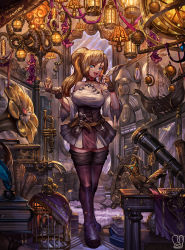 Rule 34 | 1girl, :d, bare shoulders, belt, birdcage, blonde hair, blue eyes, book, book stack, breasts, cage, clock, commentary, commission, detached sleeves, english commentary, feathers, final fantasy, final fantasy xiv, fingerless gloves, gloves, highres, holding, hyur, indoors, instrument, lantern, large breasts, long hair, long sleeves, looking at viewer, md5 mismatch, mechanical bird, mouse (animal), open mouth, phonograph, ponytail, quill, resolution mismatch, sa-dui, skirt, smile, solo, source larger, standing, table, telescope, tentacles, thighhighs, trombone, walking, wall clock
