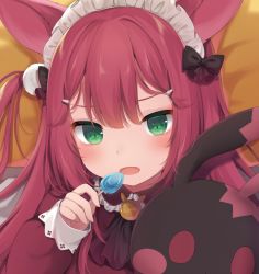 Rule 34 | 1girl, amashiro natsuki, black bow, bow, candy, collared dress, commentary request, dress, eyebrows hidden by hair, fangs, food, green eyes, hair between eyes, hair bow, hair ornament, hairclip, holding, holding candy, holding food, holding lollipop, lollipop, long hair, long sleeves, looking at viewer, maid headdress, one side up, open mouth, original, red dress, red hair, sleeves past wrists, solo, stuffed animal, stuffed rabbit, stuffed toy, upper body