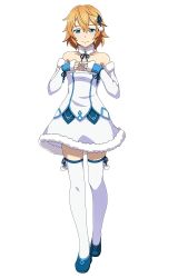 Rule 34 | 1girl, aqua eyes, bare shoulders, dress, elbow gloves, full body, gloves, looking at viewer, non-web source, official art, orange hair, philia (sao), short hair, simple background, skirt, smile, strapless, strapless dress, sword art online, thighhighs, white background, white thighhighs