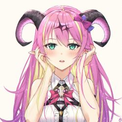 Rule 34 | 1girl, bare shoulders, blonde hair, blush, bow, breasts, center frills, collared shirt, commentary request, demon girl, demon horns, envyvanity, frilled shirt, frills, green eyes, hair bow, hair ornament, hands in hair, hands up, hololive, horns, long hair, looking at viewer, mano aloe, medium breasts, mixed-language commentary, multicolored hair, nail polish, parted lips, pink hair, pointy ears, portrait, purple bow, shirt, simple background, skull, sleeveless, sleeveless shirt, smile, solo, sparkle hair ornament, two-tone hair, virtual youtuber, white background, white shirt
