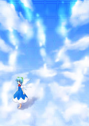 Rule 34 | 1girl, arms at sides, barefoot, blue dress, blue eyes, blue hair, blue sky, bow, bowtie, cirno, cloud, detached wings, dress, female focus, full body, ice, ice wings, pinafore dress, puffy short sleeves, puffy sleeves, red bow, red bowtie, sakaki soshi, shirt, shoot the bullet, short sleeves, sky, sleeveless dress, solo, standing, tareme, touhou, white shirt, wings