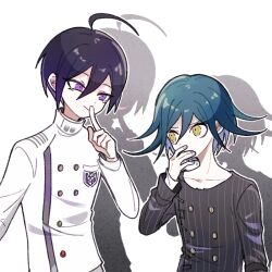 Rule 34 | 1202 koge, 2boys, ahoge, aqua hair, black jacket, black sleeves, buttons, closed mouth, collarbone, color switch, commentary request, covering own mouth, cowboy shot, crest, danganronpa (series), danganronpa v3: killing harmony, different shadow, double-breasted, evil grin, evil smile, fingernails, furrowed brow, grin, height difference, high collar, jacket, layered sleeves, long sleeves, looking at another, male focus, multicolored buttons, multiple boys, oma kokichi, outline, pinstripe jacket, pinstripe pattern, pocket, purple eyes, purple hair, saihara shuichi, short hair, simple background, sleeves past wrists, smile, smirk, thinking, upper body, vertical-striped sleeves, white background, white jacket, white outline, white sleeves, yellow eyes