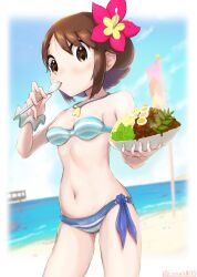 Rule 34 | 1girl, adapted costume, aqua bikini, armpits, artist name, beach, bikini, braid, braided bun, breasts, brown eyes, brown hair, cleavage, clenched hands, collarbone, creatures (company), curry, day, eating, female focus, fingernails, flower, flower on head, food, game freak, gloria (pokemon), gloria (summer 2021) (pokemon), h renah, hair bun, hands up, highres, holding, holding spoon, jewelry, legs, looking at viewer, looking to the side, matching hair/eyes, medium hair, midriff, navel, neck, necklace, nintendo, ocean, official alternate hairstyle, outdoors, parted lips, pokemon, pokemon masters ex, scrunchie, side-tie bikini bottom, sideboob, sidelocks, sky, small breasts, spoon, standing, strapless, summer, swept bangs, swimsuit, thighs, wrist scrunchie