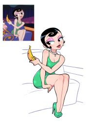 Rule 34 | 1girl, agent honeydew, animal, banana, black eyes, black hair, breasts, cartoon network, cleavage, collarbone, comparison, dexter&#039;s laboratory, dress, earrings, eyeshadow, food, fruit, green dress, green footwear, high heels, highres, holding, jewelry, large breasts, makeup, monkey, monkey (dexter&#039;s lab), necklace, parted lips, pearl necklace, red lips, reference inset, ring, shoes, short hair, sitting, sleeveless, sleeveless dress, smile, teeth, white background, zeshgolden