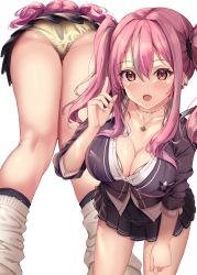 Rule 34 | 1girl, :d, alternate costume, arm support, azur lane, bent over, breasts, bremerton (azur lane), cleavage, collarbone, commentary request, contemporary, fukuda shuushi, highres, index finger raised, jewelry, kneehighs, long hair, long sleeves, looking at viewer, multicolored hair, necklace, open mouth, panties, pink eyes, pink hair, pleated skirt, school uniform, skirt, smile, socks, solo, streaked hair, twintails, underwear, white background, white socks