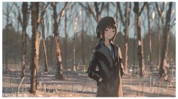 Rule 34 | 1girl, :d, bad id, bad pixiv id, blush, brown eyes, brown hair, coat, forest, hands in pockets, looking at viewer, loolook, nature, open mouth, original, outdoors, reido (reido c), short hair, smile, snow, solo, tears, winter clothes