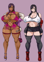 Rule 34 | 1girl, alternate skin color, areola slip, barcode, barcode tattoo, before and after, black hair, breasts, choker, covered erect nipples, curvy, final fantasy, final fantasy vii, fishnets, fur trim, ganguro, green eyes, gyaru, highres, huge breasts, licking lips, lips, lipstick, long hair, makeup, miniskirt, multiple views, navel, navel piercing, piercing, purple hair, red eyes, revealing clothes, shiny skin, simple background, skirt, square enix, sunagawa tara, tan, tattoo, thick thighs, thighhighs, thighs, tifa lockhart, tongue, tongue out, wide hips
