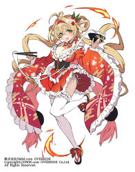 Rule 34 | 1girl, ahoge, bell, blonde hair, breasts, choker, chopsticks, cleavage, commentary request, detached sleeves, food, frilled skirt, frills, full body, green eyes, hairband, highres, holding, holding food, japanese clothes, jingle bell, kanpani girls, leg up, long hair, looking at viewer, medium breasts, official art, open mouth, sandals, senri gan, simple background, skirt, smile, solo, thighhighs, thighs, white background, white thighhighs, wide sleeves