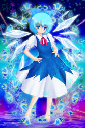 Rule 34 | 1girl, aoi kanan, barefoot, blue dress, blue eyes, blue hair, blush, bow, cirno, dress, hair bow, hands on own hips, looking at viewer, matching hair/eyes, puffy sleeves, shirt, short sleeves, solo, touhou, wings