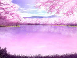 Rule 34 | bad id, bad pixiv id, cherry blossoms, cloud, cloudy sky, day, forest, grass, isami-san, lake, landscape, nature, no humans, original, petals, pink theme, reflection, rukitsura, scenery, sky, tree, water