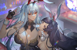 Rule 34 | 2girls, animal ears, bare shoulders, black gloves, black leotard, breasts, card, character request, cleavage, detached collar, fake animal ears, gloves, highres, in mouth, large breasts, leotard, long hair, multiple girls, parted bangs, playboy bunny, playing card, poker table, purple eyes, purple hair, rabbit ears, red eyes, selvaria bles, senjou no valkyria, senjou no valkyria (series), senjou no valkyria 1, silver hair, spade-m, table, wrist cuffs