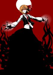 Rule 34 | 1girl, bad id, bad pixiv id, blonde hair, crazy eyes, darkness, female focus, hair ribbon, highres, necktie, outstretched arms, red background, red eyes, red necktie, ribbon, rumia, short hair, shukusuri, smile, solo, touhou