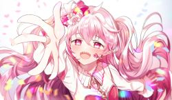 Rule 34 | 1girl, :d, blush, bow, elsword, fingernails, hair bow, headset, idol, jewelry, laby (elsword), long hair, open mouth, outstretched hand, paraffin, petals, pink bow, pink eyes, pink hair, ring, sharp teeth, shirt, smile, solo, teeth, upper body, white background